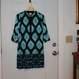 SALE: Crown & Ivy Navy/Turquoise Geometric and Monkey Design Shift Dress Size 4